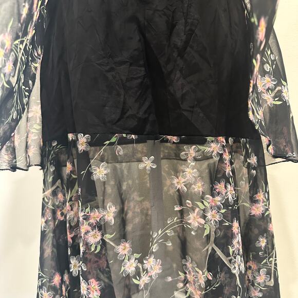 VTG 60-70s Black Chiffon Tiered Midi Dress Pink Floral Coquette Fairy Cottage XS - Picture 8 of 12